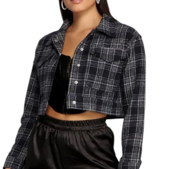 FASHION NOVA | NEW Navy Blue Plaid Front Pockets Cropped Jacket - Picture 3 of 14